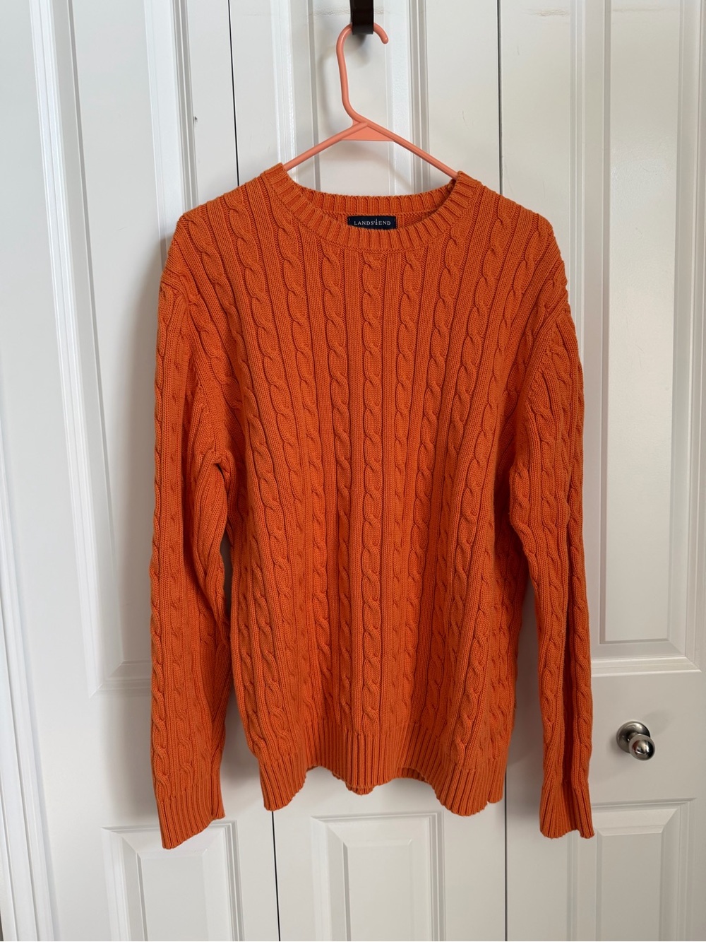 Lands' End Men's Bright Orange Cable Crewneck Sweater